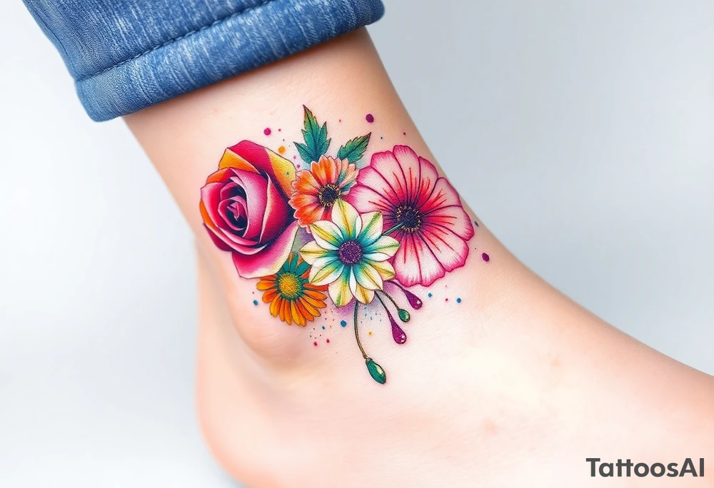 a colorful, vibrant, rainbow watercolor tattoo with one rose, one lily, one marigold, and one cosmos flower and with splashes of color tattoo idea