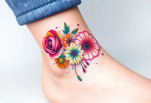 a colorful, vibrant, rainbow watercolor tattoo with one rose, one lily, one marigold, and one cosmos flower and with splashes of color tattoo idea