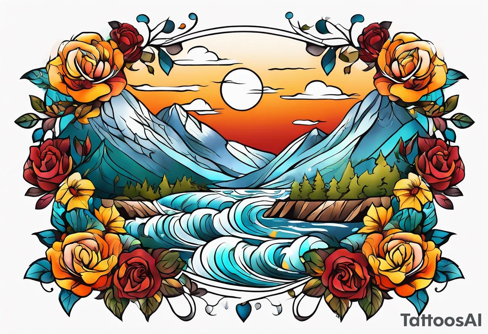 thigh tattoo with fall colors showing leaves, flowers, roses, water flow, mountains and sky tattoo idea