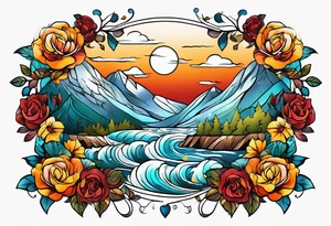 thigh tattoo with fall colors showing leaves, flowers, roses, water flow, mountains and sky tattoo idea