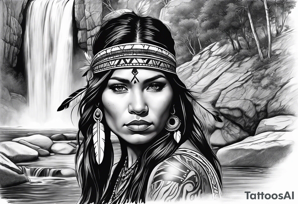 A native American Indian woman by a waterfall she is Aquarius water barrer she has tattoos and her eyes can see right through you tattoo idea