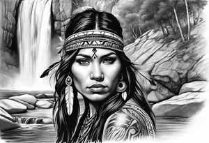 A native American Indian woman by a waterfall she is Aquarius water barrer she has tattoos and her eyes can see right through you tattoo idea