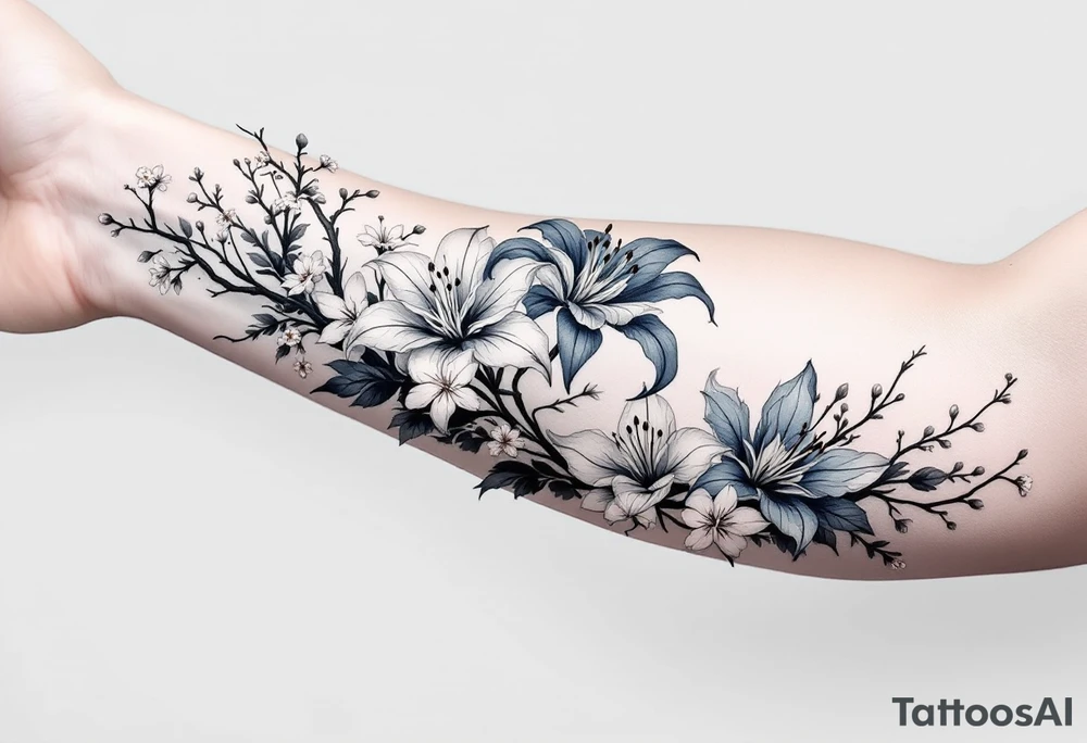 blue spider lily in black and white colours from the anime demon slayer and Cherry Blossoms wrapped around the arm, do not add colours tattoo idea