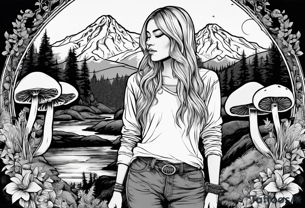 Whole picture encircled fully

Straight long blonde hair hippie girl in distance holding mushrooms in hand facing away toward mountains and creek surrounded by mushrooms long sleeve shirt and hiking pants; whole rendering within a full circle, no cut off circle tattoo idea