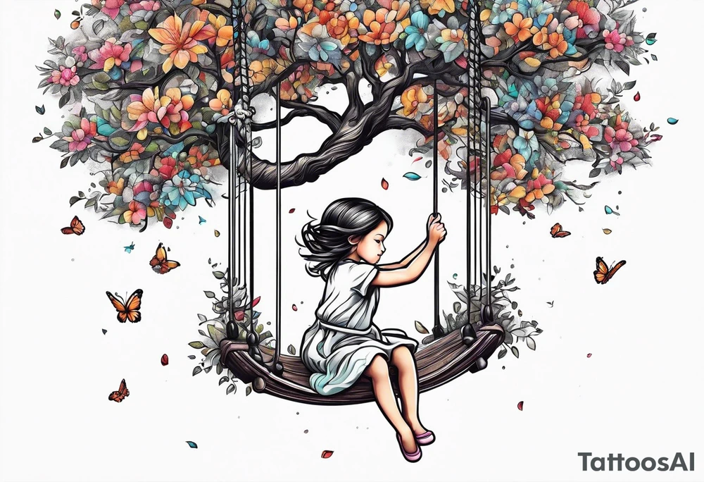 little girl swinging under a tree of life tattoo idea