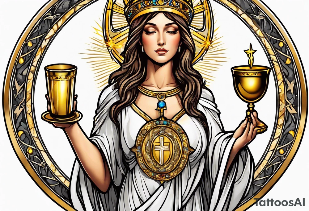 holy saint woman with golden halo holding a chalice tattoo idea
