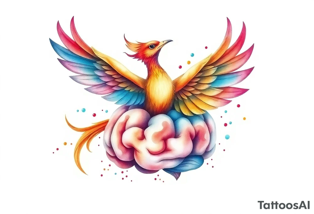 Colorful phoenix flying out of a realistic brain tattoo idea