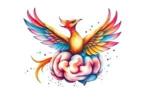 Colorful phoenix flying out of a realistic brain tattoo idea