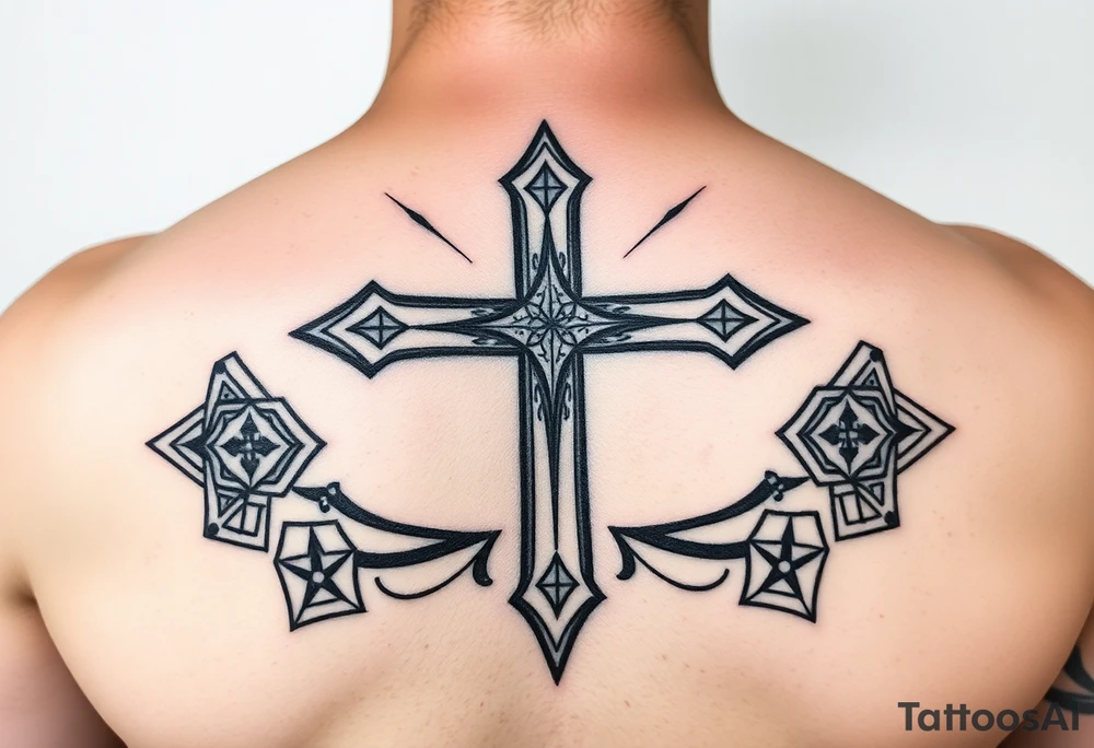 christian cross, surrounded by geometrics ornaments tattoo idea