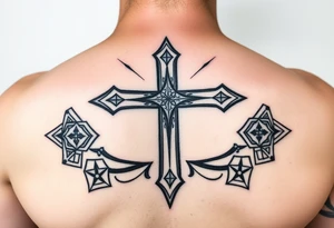 christian cross, surrounded by geometrics ornaments tattoo idea