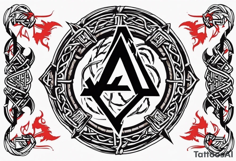 Valhalla sword shield dragon axe Valknut barbed wire chains fire tattoo idea