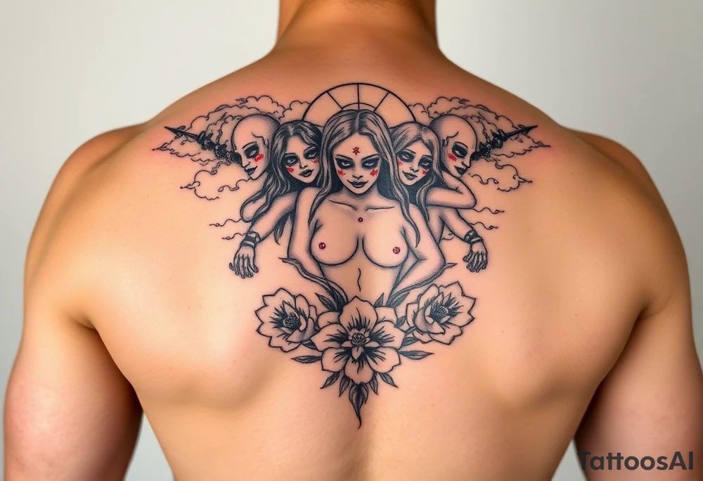 Sexy naked seven deadly sins with clouds and floral tattoo idea