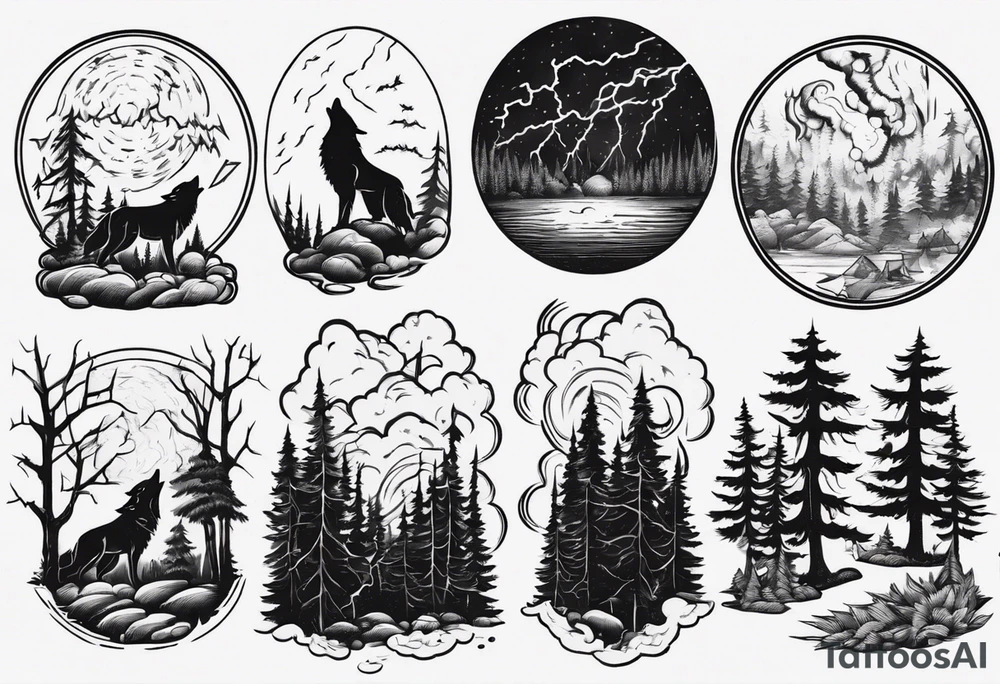 a thunder and lightning storm over a forest with a distant wolf howling and a drums tattoo idea
