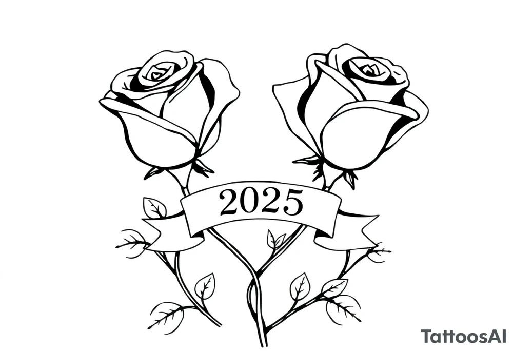 two beautiful large rose buds, one larger than the other, with many leaves next to the rose buds, with one sitting higher than the other. Include a banner connecting the two roses with the year "2025" on it.   Use dark outlines with little shading. The two stems should be short, not long, and connect and join into one stem, whimsically curved or twisted - not straight down. tattoo idea