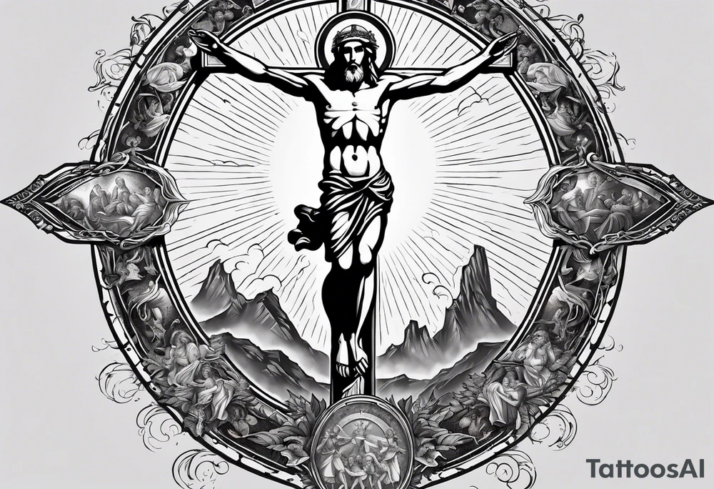 Ascension of crucified Jesus surrounded by angels and saints and sun rays. tattoo idea