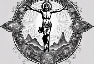 Ascension of crucified Jesus surrounded by angels and saints and sun rays. tattoo idea