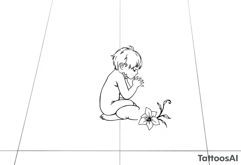 A simple tile floor with a minimalist outline of a curled up child sitting on the floor with a lily next to her tattoo idea