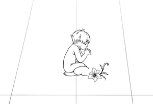 A simple tile floor with a minimalist outline of a curled up child sitting on the floor with a lily next to her tattoo idea