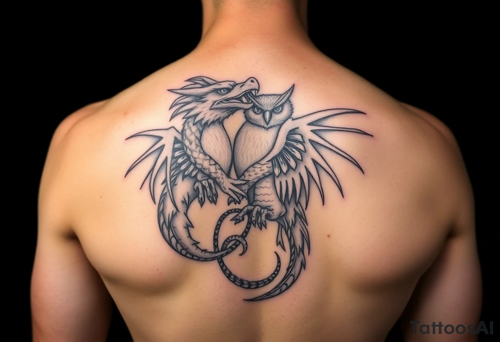 Tribal dragon and owl embracing tattoo idea