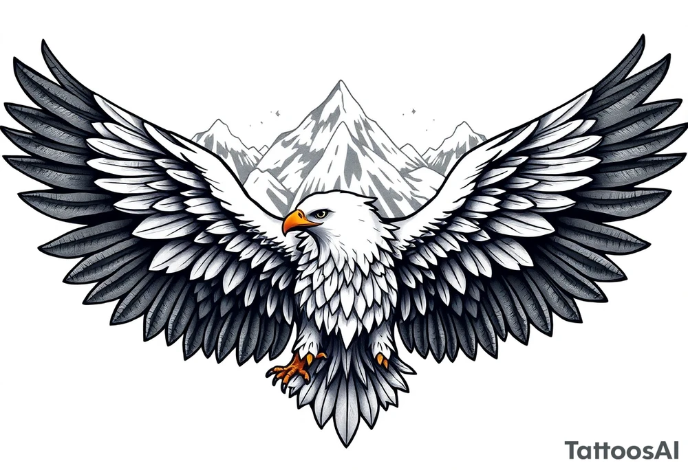 majestic eagle spreading wings against mountain peaks tattoo idea