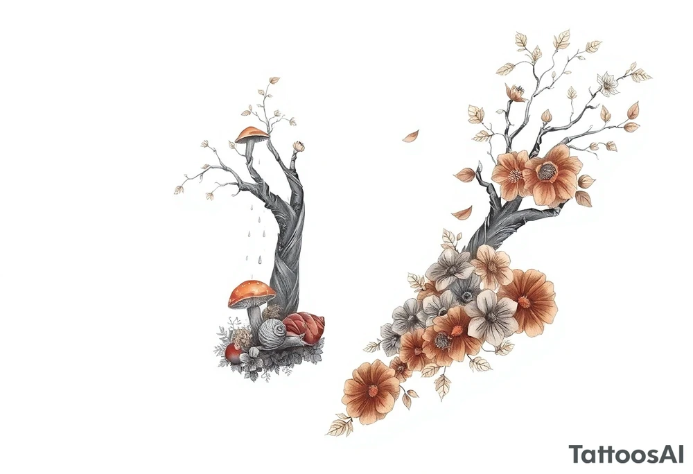 Fall themed sleeve with a tree surrounded by mushrooms, a snail, add some falling leaves off the tree branches, falling rain, and fall themed flowers as background filler tattoo idea