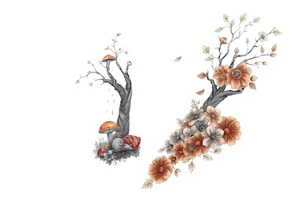Fall themed sleeve with a tree surrounded by mushrooms, a snail, add some falling leaves off the tree branches, falling rain, and fall themed flowers as background filler tattoo idea
