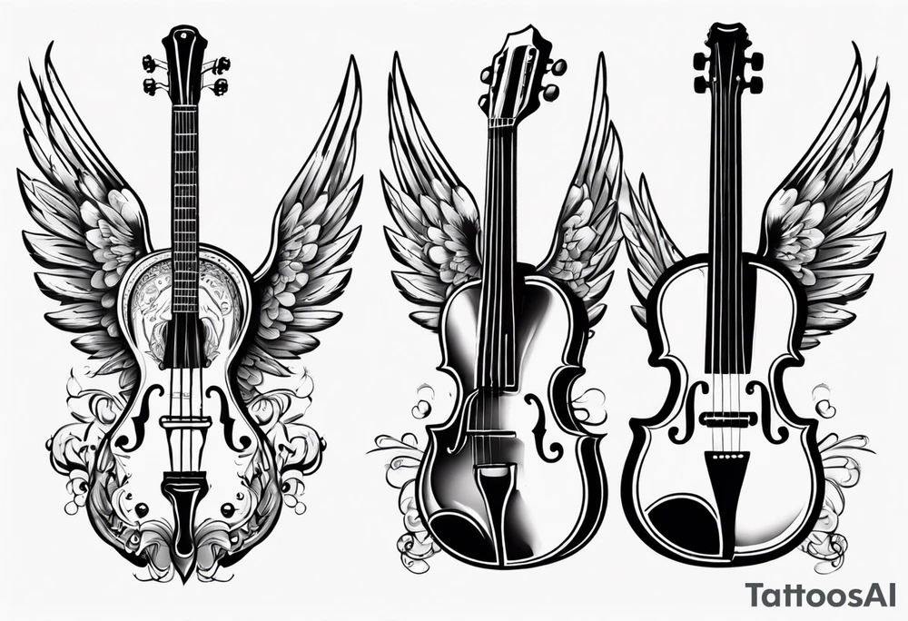 GUITAR AND VIOLIN LEANING AGAINST EACH OTHER 
WITH ANGLE WINGS tattoo idea