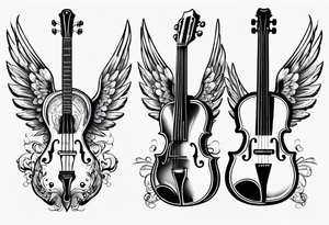 GUITAR AND VIOLIN LEANING AGAINST EACH OTHER 
WITH ANGLE WINGS tattoo idea