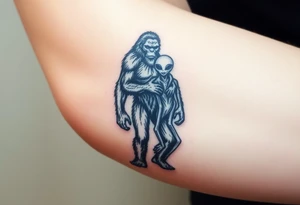 Bigfoot and a alien with arms around each other tattoo idea