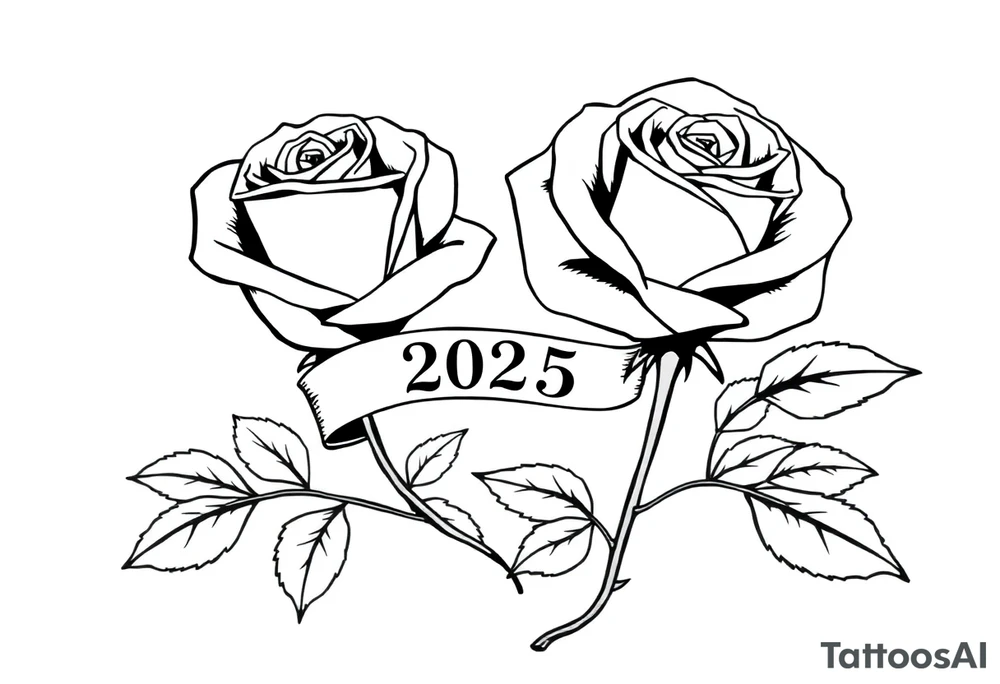 two beautiful large rose buds, one larger than the other, with many leaves next to the rose buds, with one sitting higher than the other. Include a banner connecting the two roses with the year "2025" on it.   Use dark outlines with little shading. The two stems should be short, not long, and connect and join into one stem, whimsically curved or twisted - not straight down. tattoo idea
