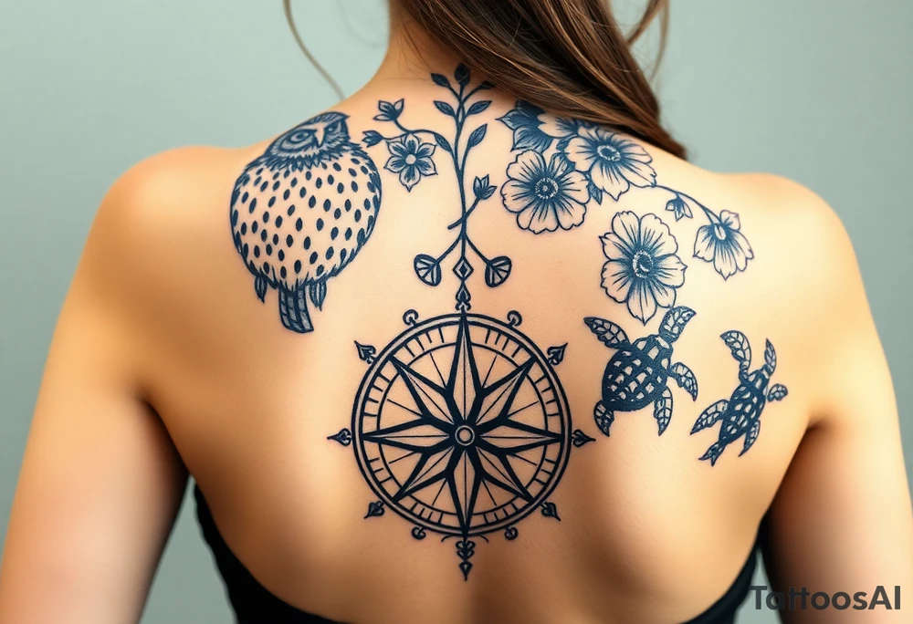 Full back owl on left shoulder flowers on right 3 turtles down spine use antique compass rose overlaid everywhere else tattoo idea