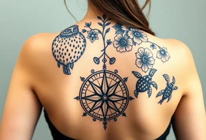 Full back owl on left shoulder flowers on right 3 turtles down spine use antique compass rose overlaid everywhere else tattoo idea