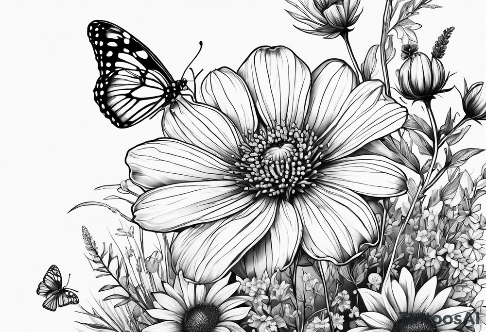 Wildflowers, prairie plants, small butterfly, ladybug tattoo idea