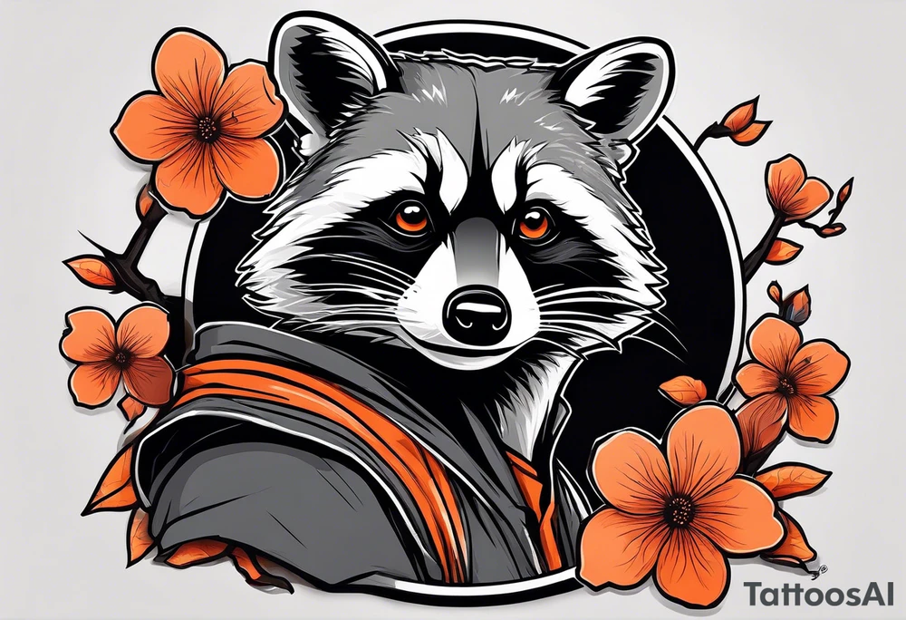 Raccoon wearing a white Superman logo on a black hoodie and orange Japanese cherry blossoms tattoo idea