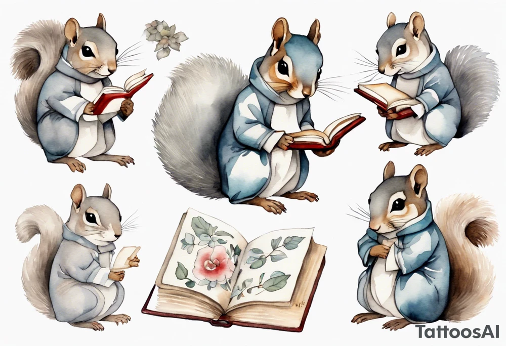 a grey squirrel dressed in a tunic holding a closed book tattoo idea