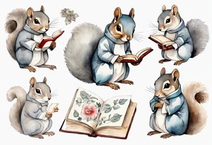 a grey squirrel dressed in a tunic holding a closed book tattoo idea