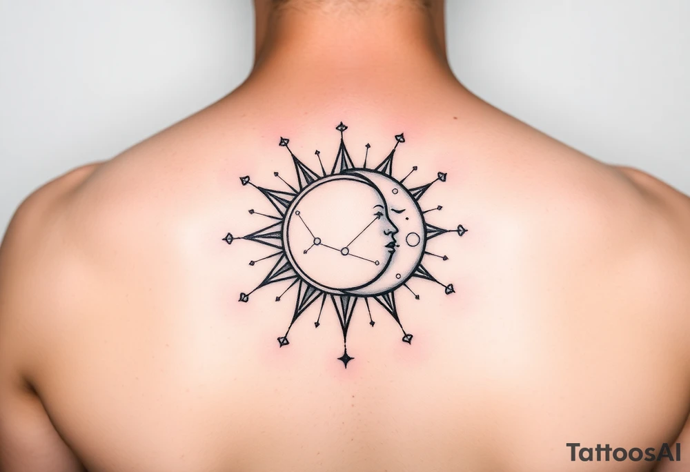celestial sun and moon embrace with constellation patterns tattoo idea