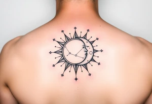 celestial sun and moon embrace with constellation patterns tattoo idea