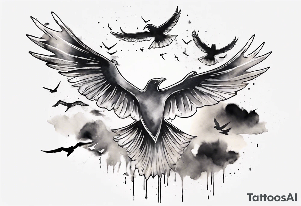 a shoulder tattoo with lots of rays of light in gradient starting from the middle
, clouds and birds flying free tattoo idea