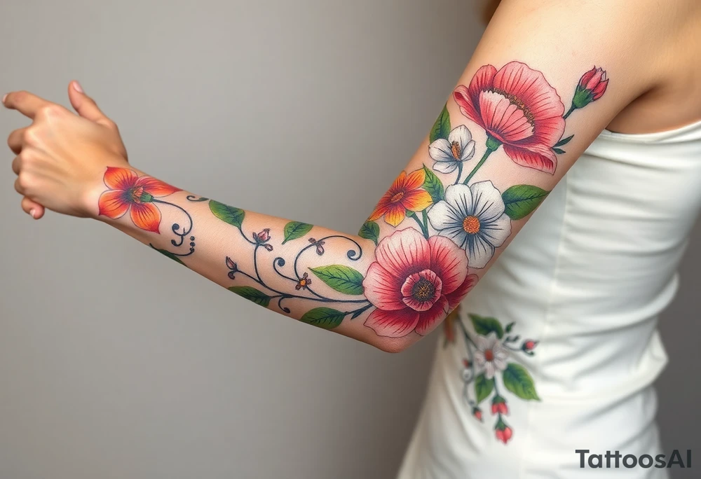 Fore arm tattoo in the neo american traditional style. I want to incorporate a few different flowers: Poppies, Morning Glory, Narcissus with green leaves in the background tattoo idea