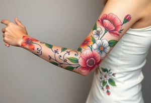 Fore arm tattoo in the neo american traditional style. I want to incorporate a few different flowers: Poppies, Morning Glory, Narcissus with green leaves in the background tattoo idea