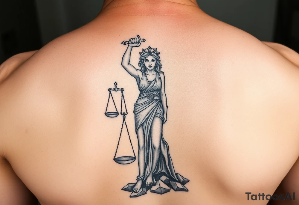 angry lady justice sword held high, broken scales under foot, sunlight shining on the darkness of injustice and corruption. ready to fight against the corruption of the system tattoo idea