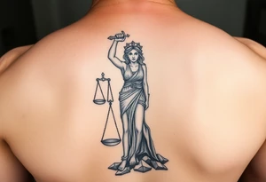 angry lady justice sword held high, broken scales under foot, sunlight shining on the darkness of injustice and corruption. ready to fight against the corruption of the system tattoo idea