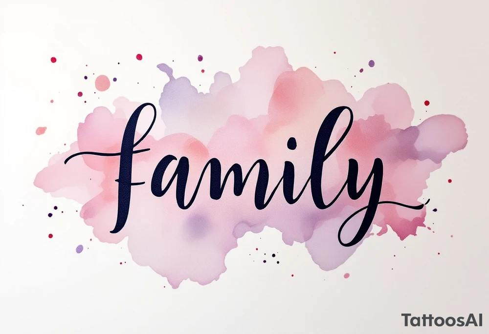 A watercolor splash in dusty rose and lavender behind the word family in sleek black ink. tattoo idea