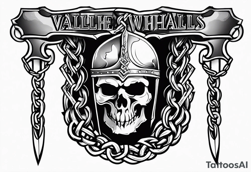 Valhalla sword shield axe barbed wire chains dark cloud tattoo idea