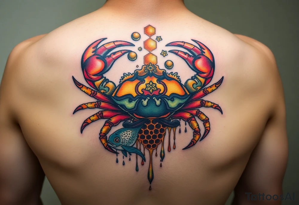 Powerful crab sureounded by dripping honey comb and coi fish tattoo idea