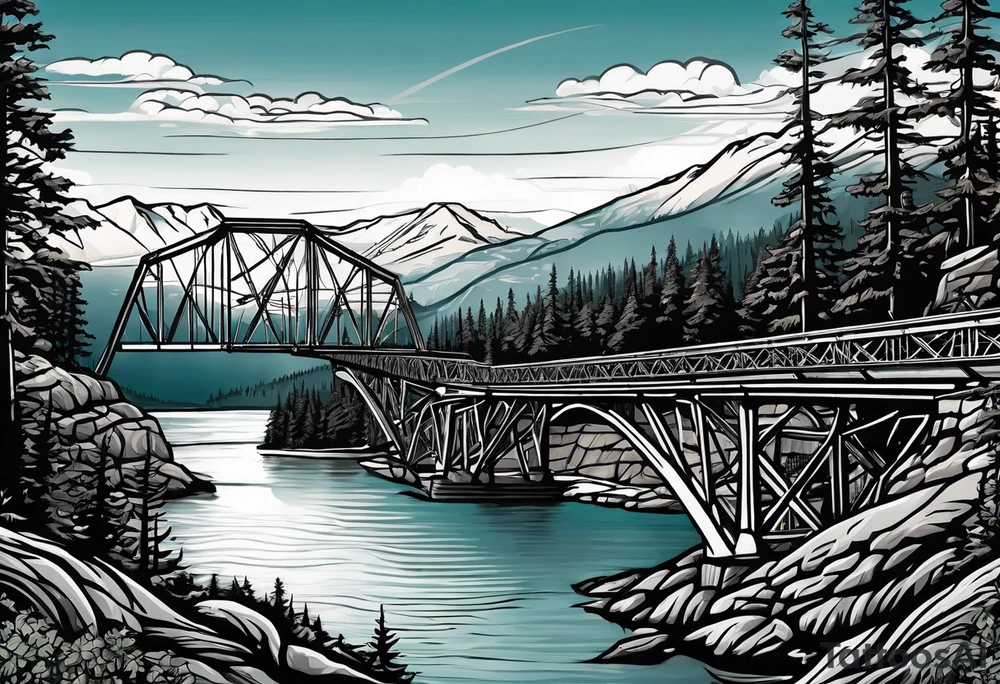 steel truss cantilever bridge over river, mountains, sky, trees, pacific northwest tattoo idea