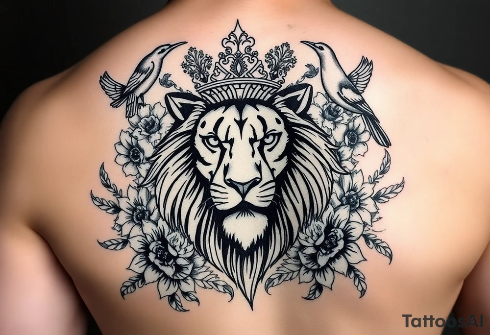 powerful majestic lion with a crown, surrounded by floral ornaments and birds tattoo idea