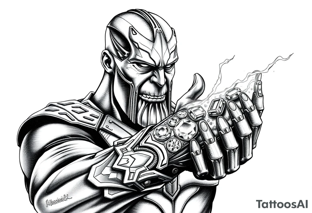 thanos with infinity gaulet filled with infinity stones fighting avengers tattoo idea