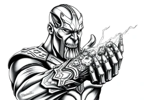 thanos with infinity gaulet filled with infinity stones fighting avengers tattoo idea